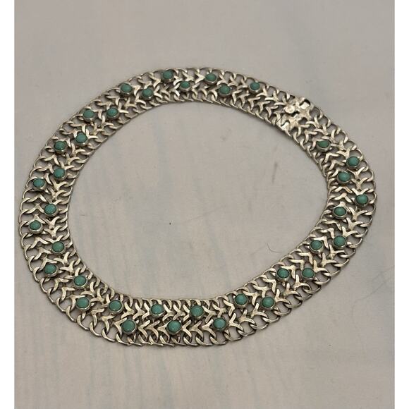 Vintage Mexican Sterling/Green Turquoise Cabochon TNC Collar/Choker NECKLACE 66g - Picture 5 of 8